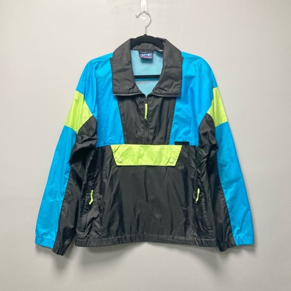 Vintage Black Ice Colorblock Windbreaker Pullover Neon Blue‎ Black Medium